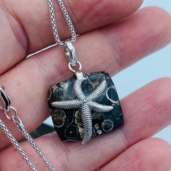 Turritella Jasper Sterling Silver Starfish Necklace Popcorn Chain - Picture 6 of 7